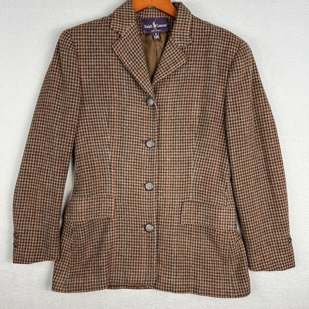 VTG Ralph Lauren Purple Label Blazer Womens 10 Wool Houndstooth Tweed 1990s USA